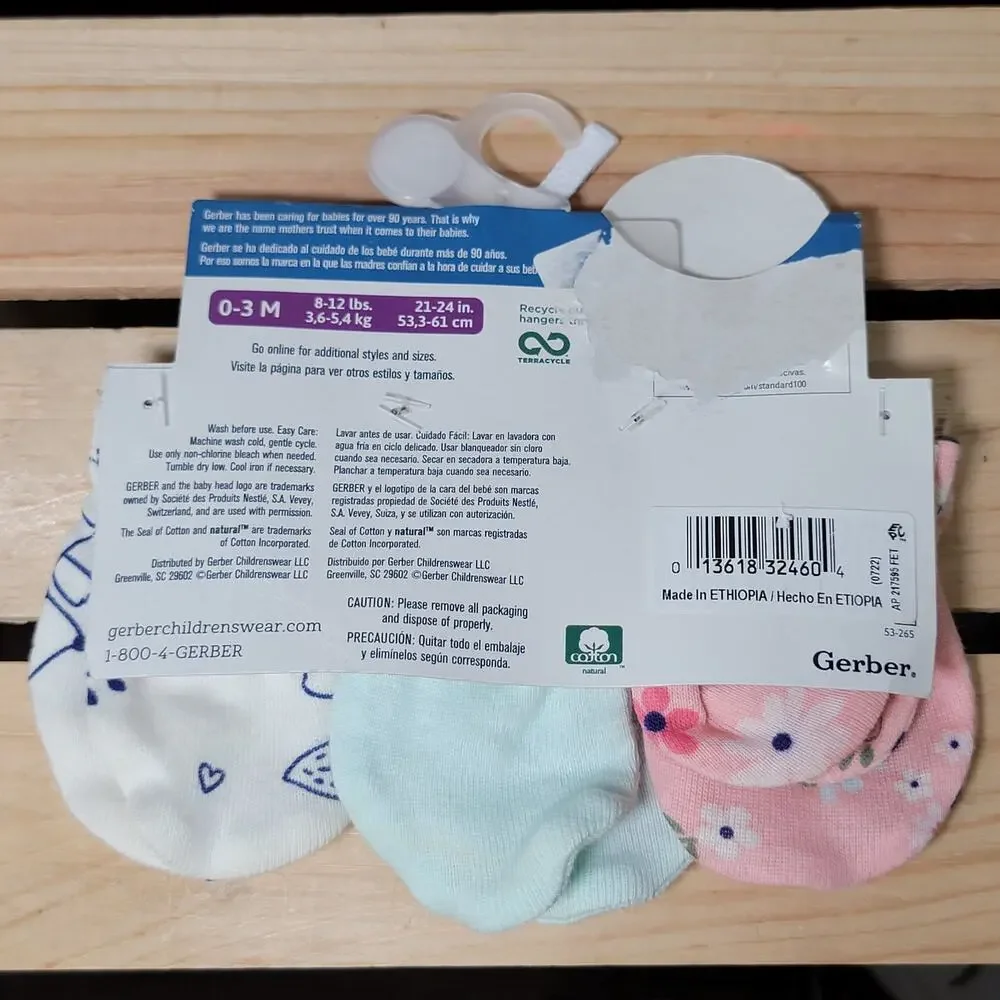 3 Pk Gerber Infant Mittens: Pink Floral, Lt. Blue & White Fox - Size 0-3m NWT